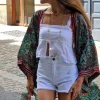 Kimono largo estampado rematado con espejitos tonos verdes