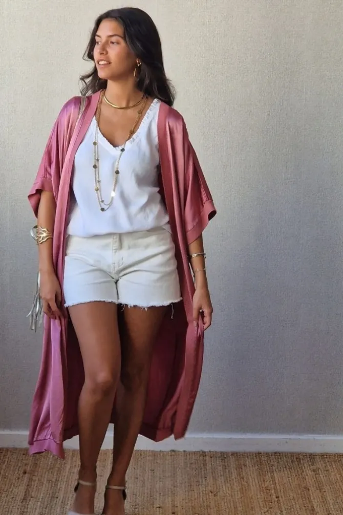 Kimono largo tipo raso rosa