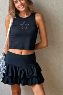 Minifalda pantalón negra con cintura de goma y volantes
