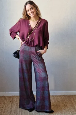 Pantalón de cuadros gris y berenjena