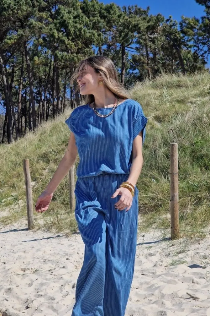 Pantalón denim rayas azul jean