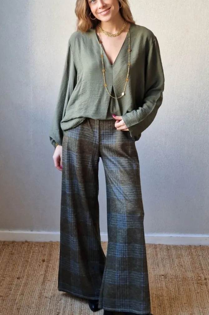 Pantalón palazzo de cuadros verde con azul