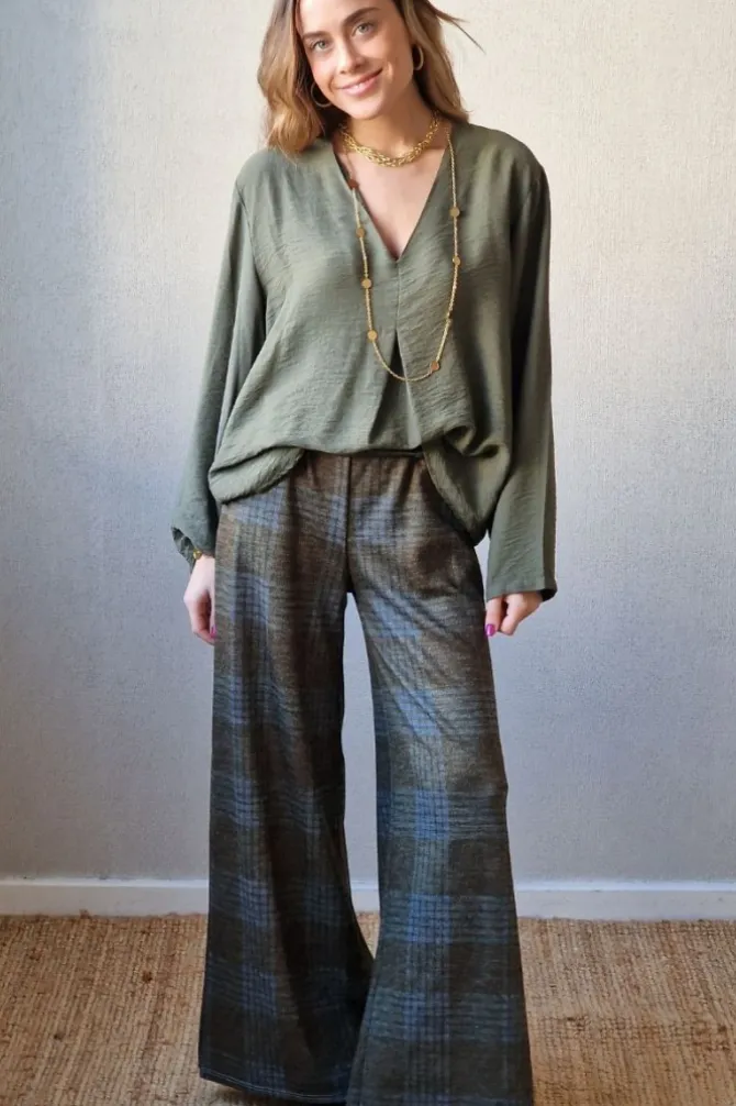 Pantalón palazzo de cuadros verde con azul