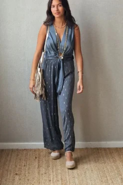 Pantalón tipo bambula gris y lurex dorado