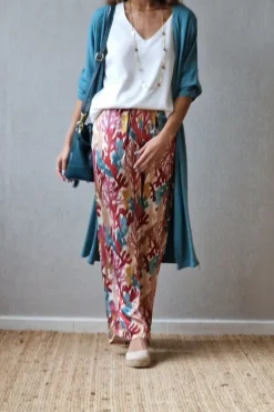Pantalón tipo raso estampado amebas coral