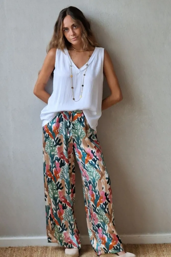 Pantalón tipo raso estampado amebas verde