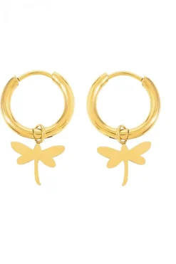 Pendiente de acero dorado aro mini con mariposa