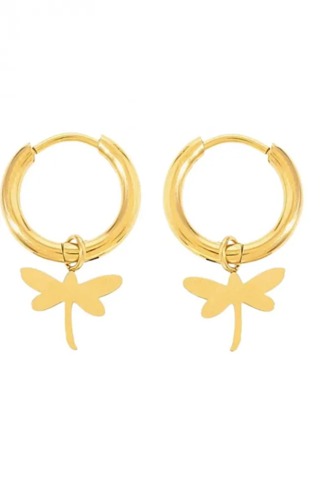 Pendiente de acero dorado aro mini con mariposa