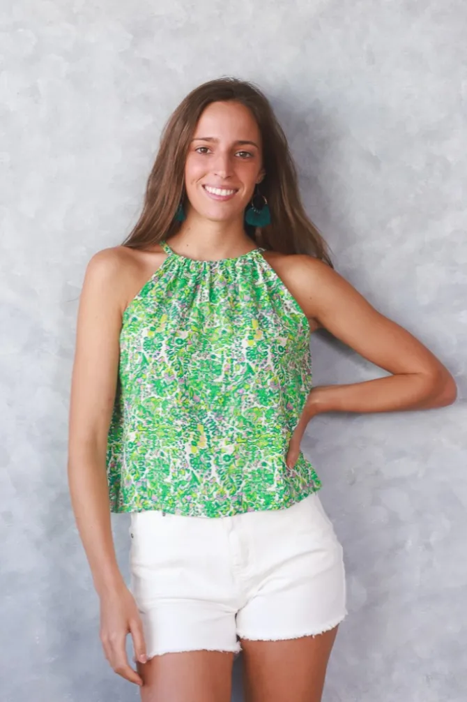 Top flores cuello halter verde
