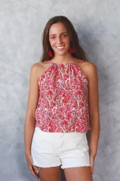 Top flores cuello halter fresa