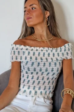 Top fruncido Bardot estampado verde bonito