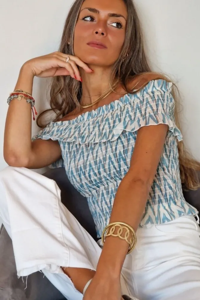 Top fruncido Bardot estampado verde