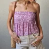 top fruncido volante flores lila