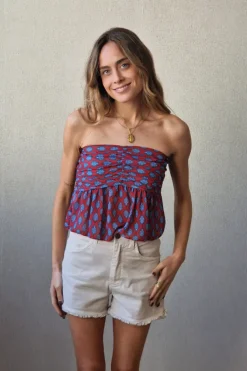 top fruncido volante granate y azul hojas