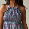 Top nido de abeja cuello halter color azul y lila
