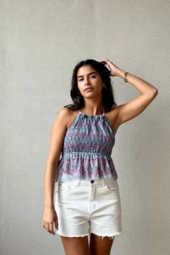Top nido de abeja cuello halter color azul y lila