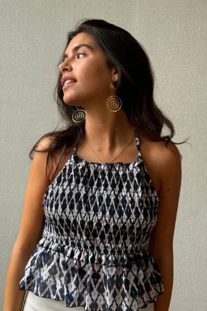 Top nido de abeja cuello halter color azul