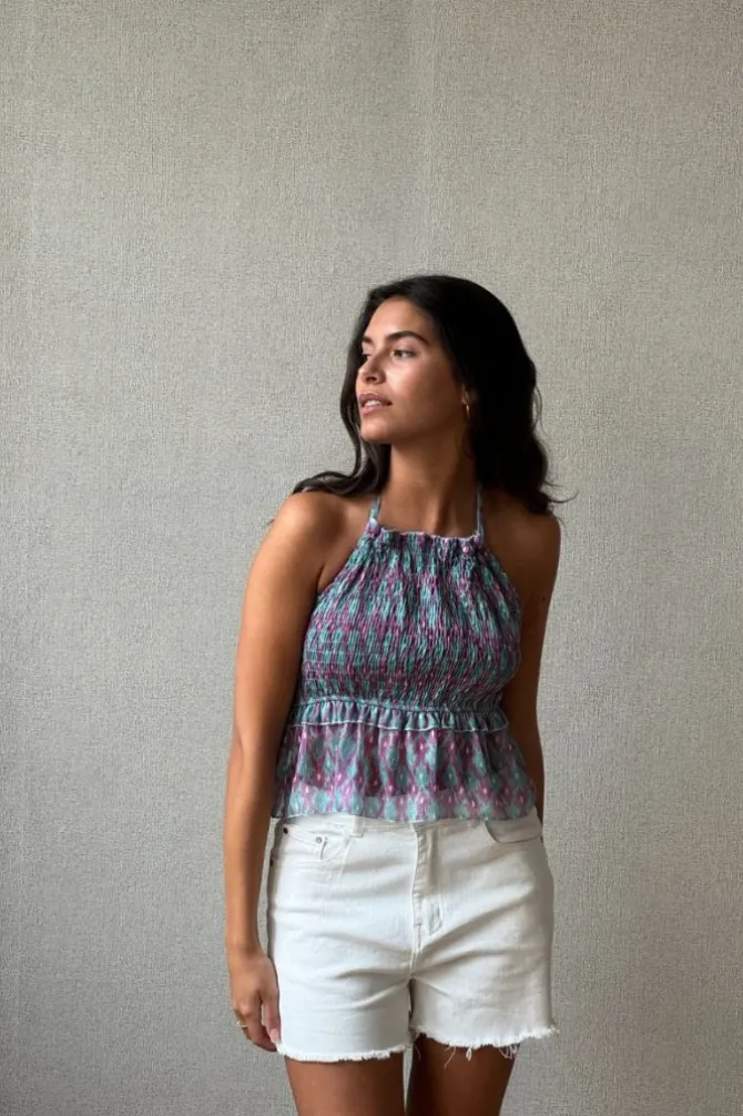 Top nido de abeja cuello halter color azul y lila