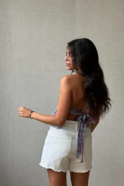 Top nido de abeja cuello halter color azul y lila