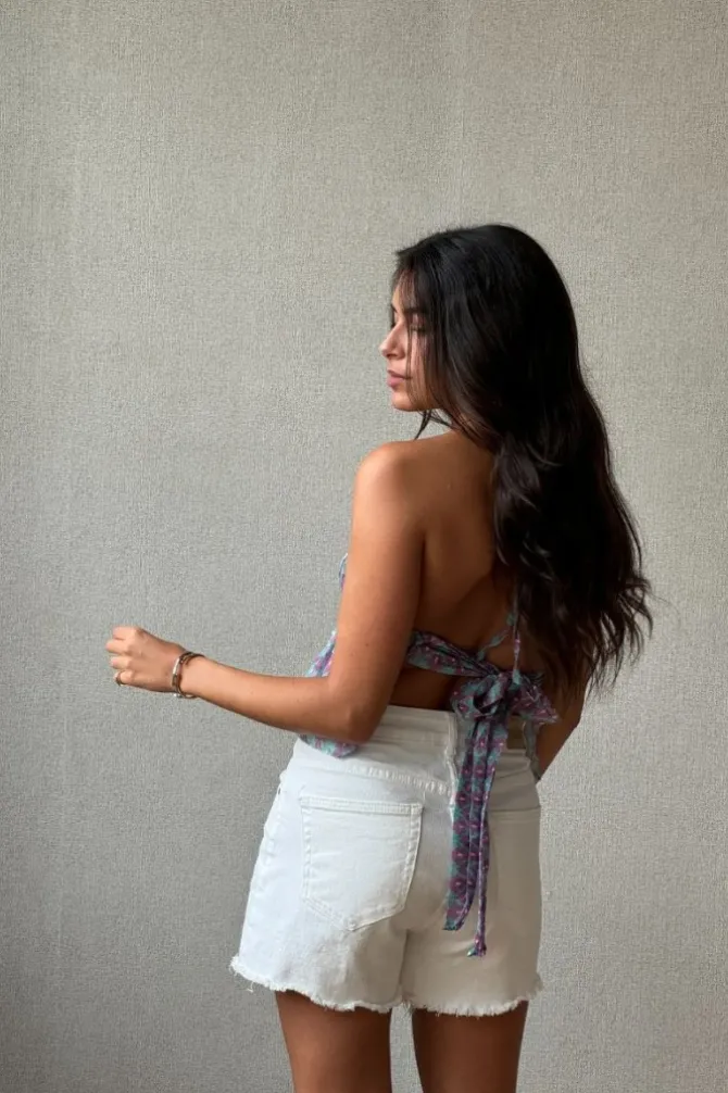 Top nido de abeja cuello halter color azul y lila