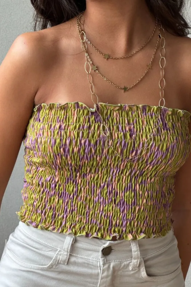 Top nido de abeja palabra de honor color verde y morado