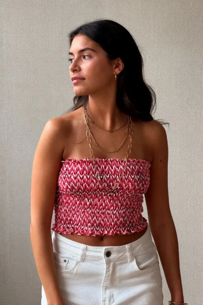 Top nido de abeja palabra de honor color coral y blanco