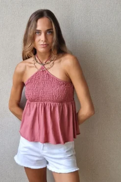 Top tirantes fruncido para atar al cuello rosa