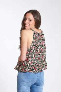 Top volante flores negro