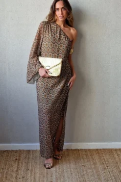Vestido asimétrico estampado en tonos verdes