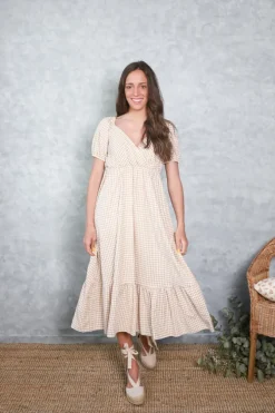 Vestido Brigitte de cuadro vichy camel
