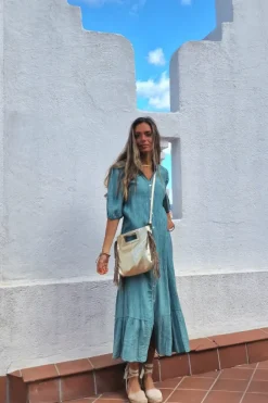 Vestido camisero manga corta verde
