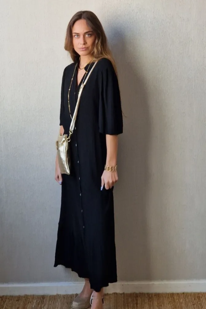 Vestido camisero manga tres cuartos negro