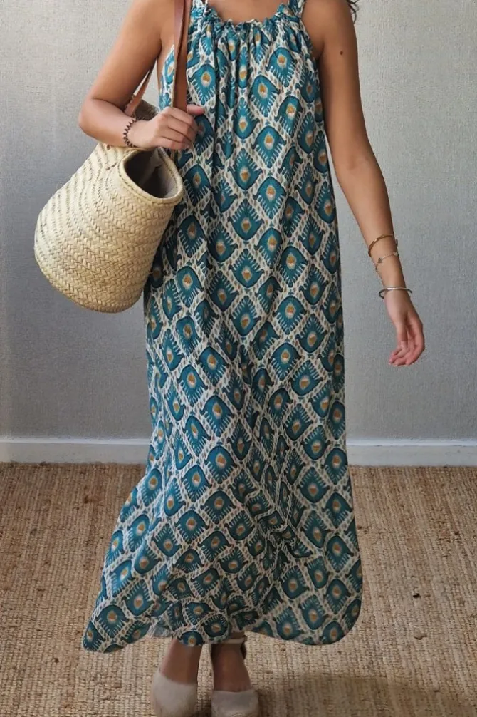 Vestido de tirantes estampado ikat verde
