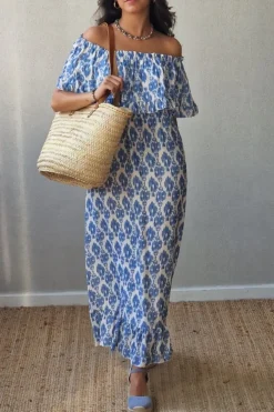 Vestido escote Bardot azul estampado étnico