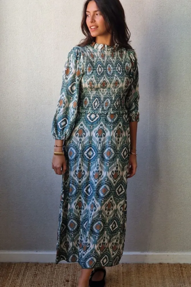 Vestido estampado con nido de abeja verde