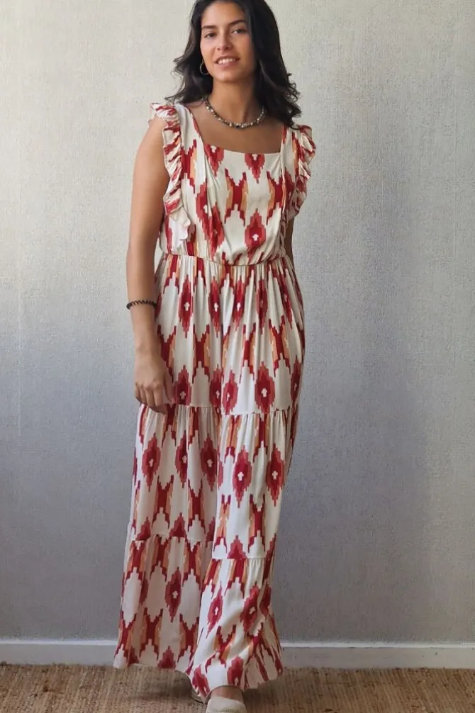 Vestido fresa estampado ikat con volantes y lazo en la espalda