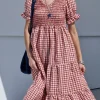 Vestido fruncido vichy coral