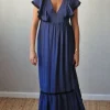 Vestido largo bicolor azul marino y negro