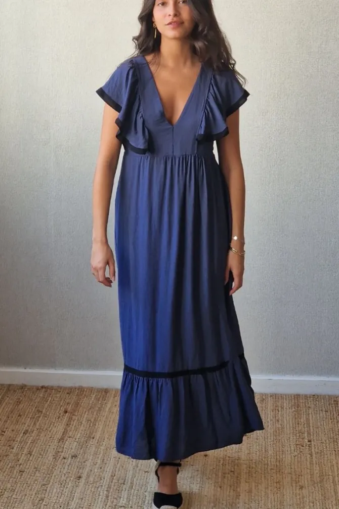 Vestido largo bicolor azul marino y negro