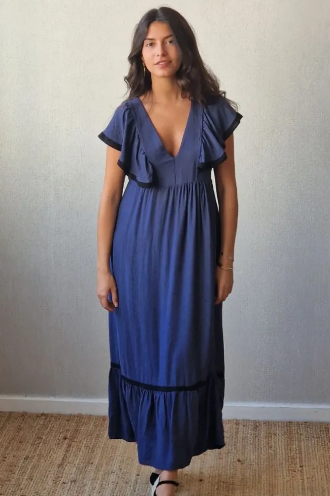 Vestido largo bicolor azul marino y negro