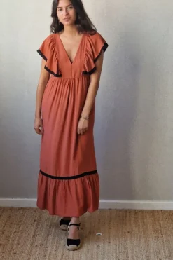 Vestido largo bicolor caldero y negro