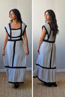 Vestido largo bicolor con volante en gris perla y negro
