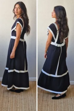 Vestido largo bicolor con volante en negro y blanco