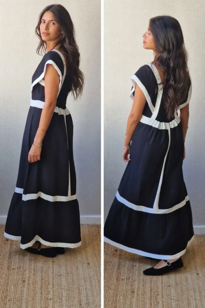 Vestido largo bicolor con volante en negro y blanco