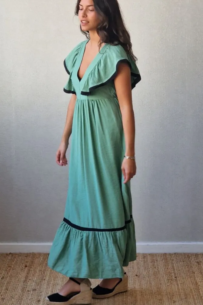 Vestido largo bicolor verde y negro