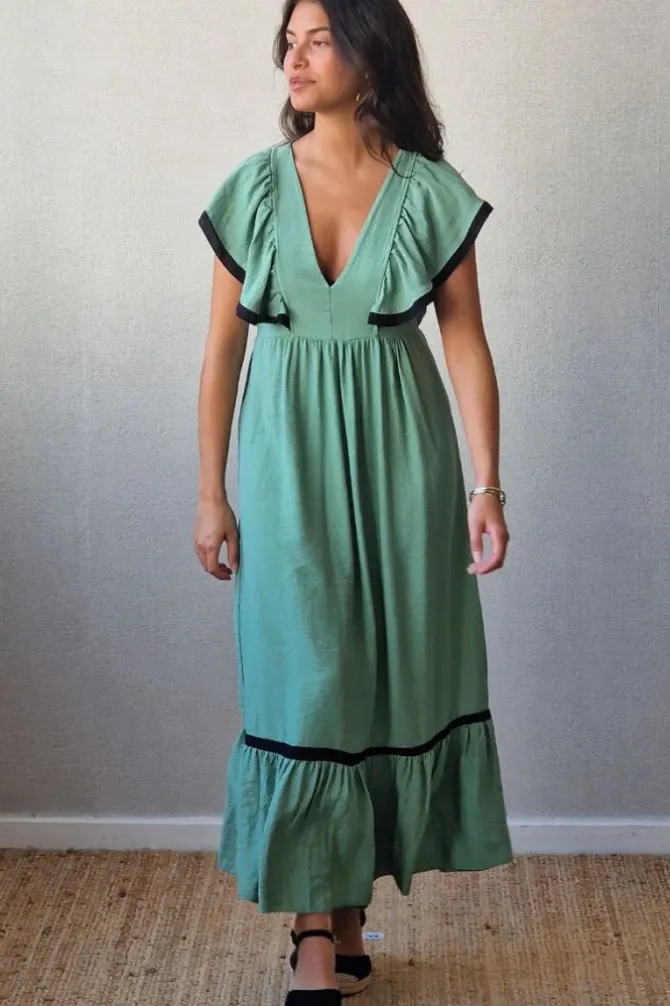 Vestido largo bicolor verde y negro