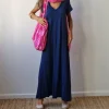 Vestido largo cuello pico azul marino