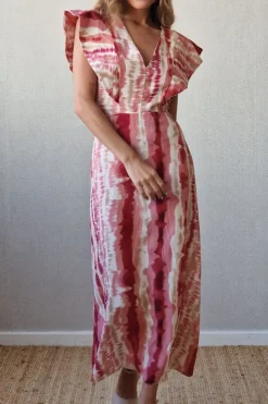 Vestido largo estampado con cuello pico y alerón rosa y beige