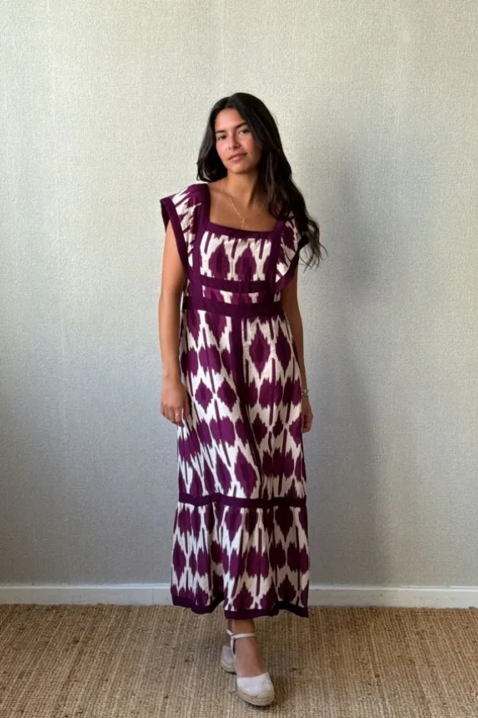 Vestido largo morado y beige