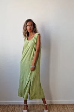 Vestido largo tipo lino verde pistacho